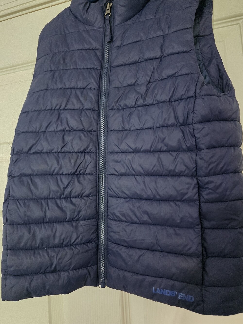 Lands’ End Boys sz M 8 Down Blue Puffer Vest Jacket Snap Pockets Kids Outdoor